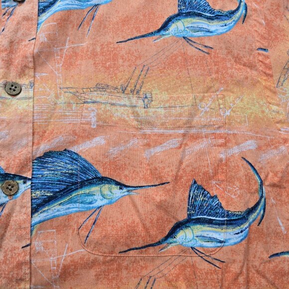 Reel Legends Shirt Mens XL Orange Button‎ Up Beach Swordfish All Over Print - Picture 3 of 7